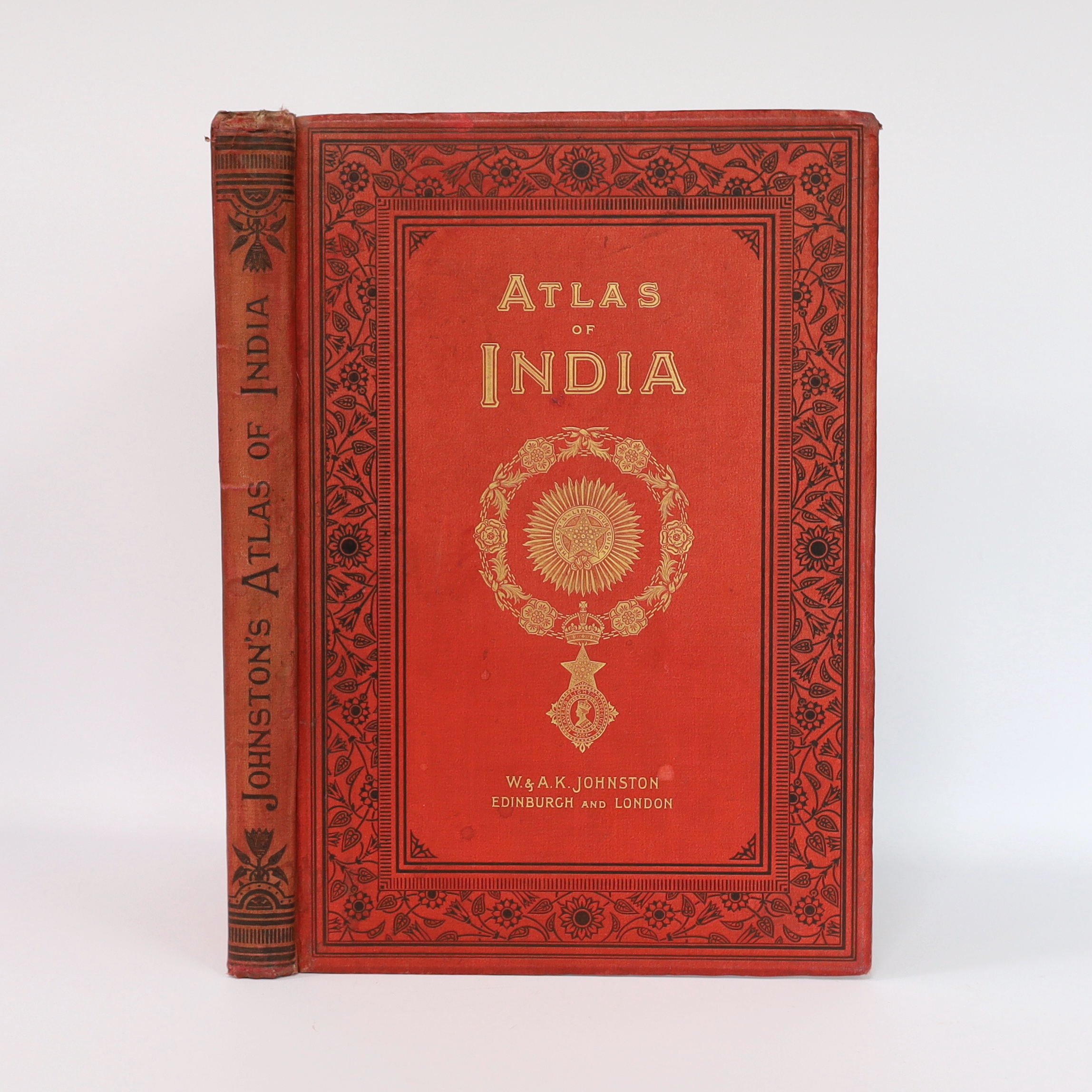 Atlas of India ... With an Introduction by Sir W.W. Hunter. d-page coloured index map and 15 d-page coloured others; publisher's gilt, colour and blind decorated cloth, patterned e/ps., 4to. W & A.K. Johnstone, 1894